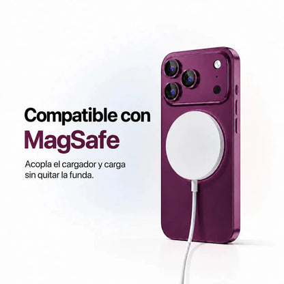 Burgundy metal phone case attached to a round white magnetic wireless charging puck #color_Burgundy