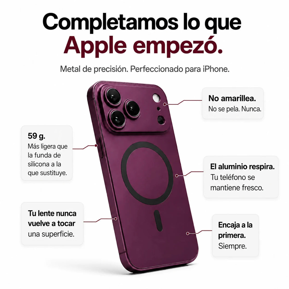 Burgundy metal magnetic phone case surrounded by feature labels on a white background #color_Burgundy