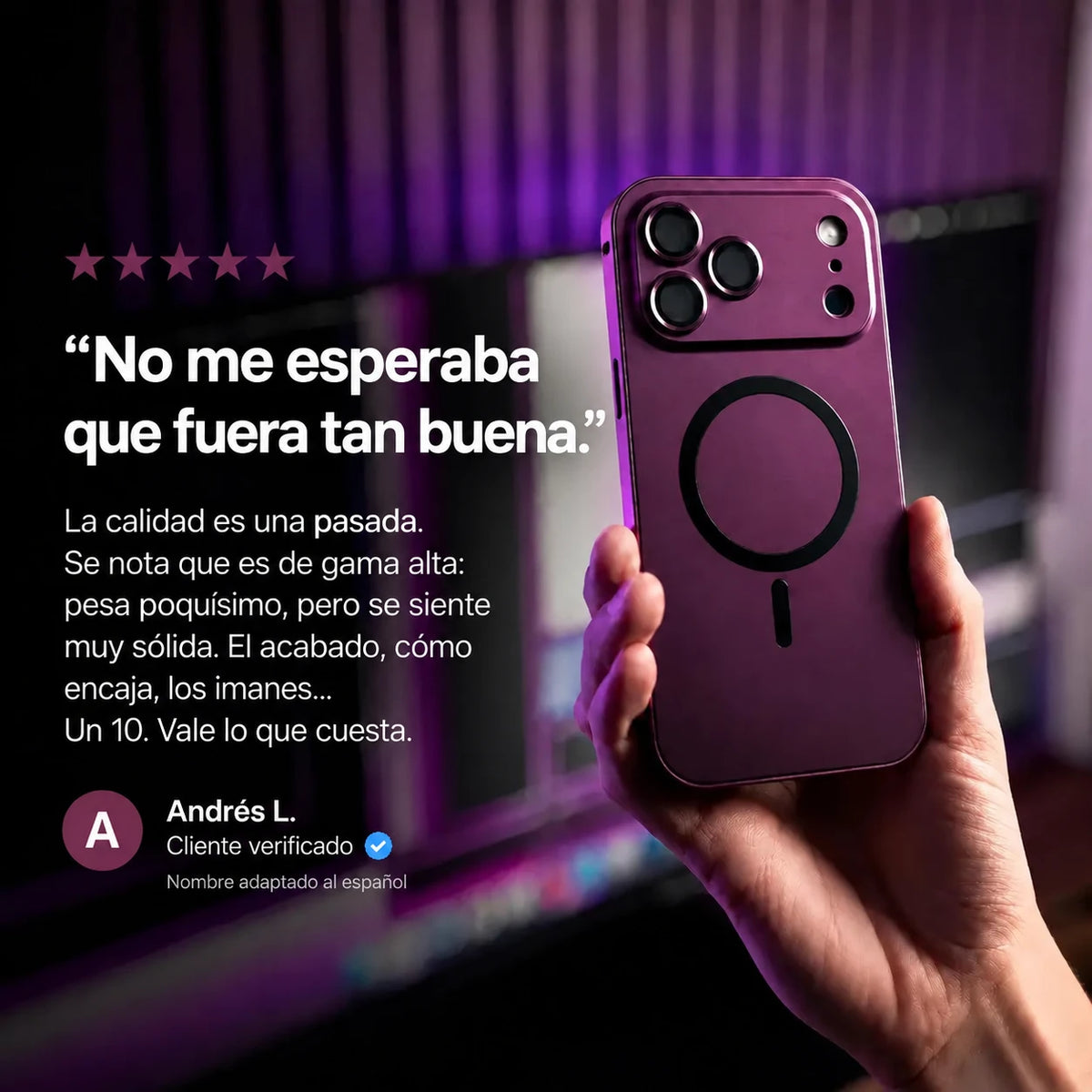 Burgundy metal magnetic phone case held beside a purple-lit desk with a customer review quote #color_Burgundy