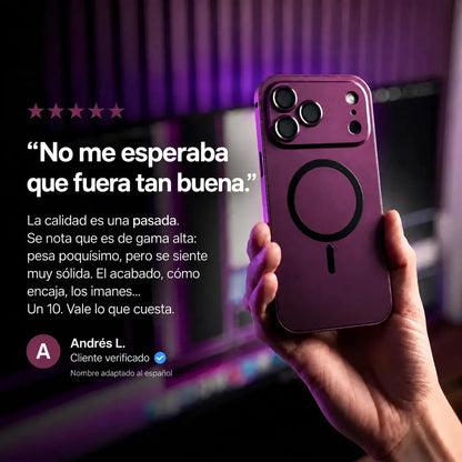Burgundy metal magnetic phone case held beside a purple-lit desk with a customer review quote #color_Burgundy