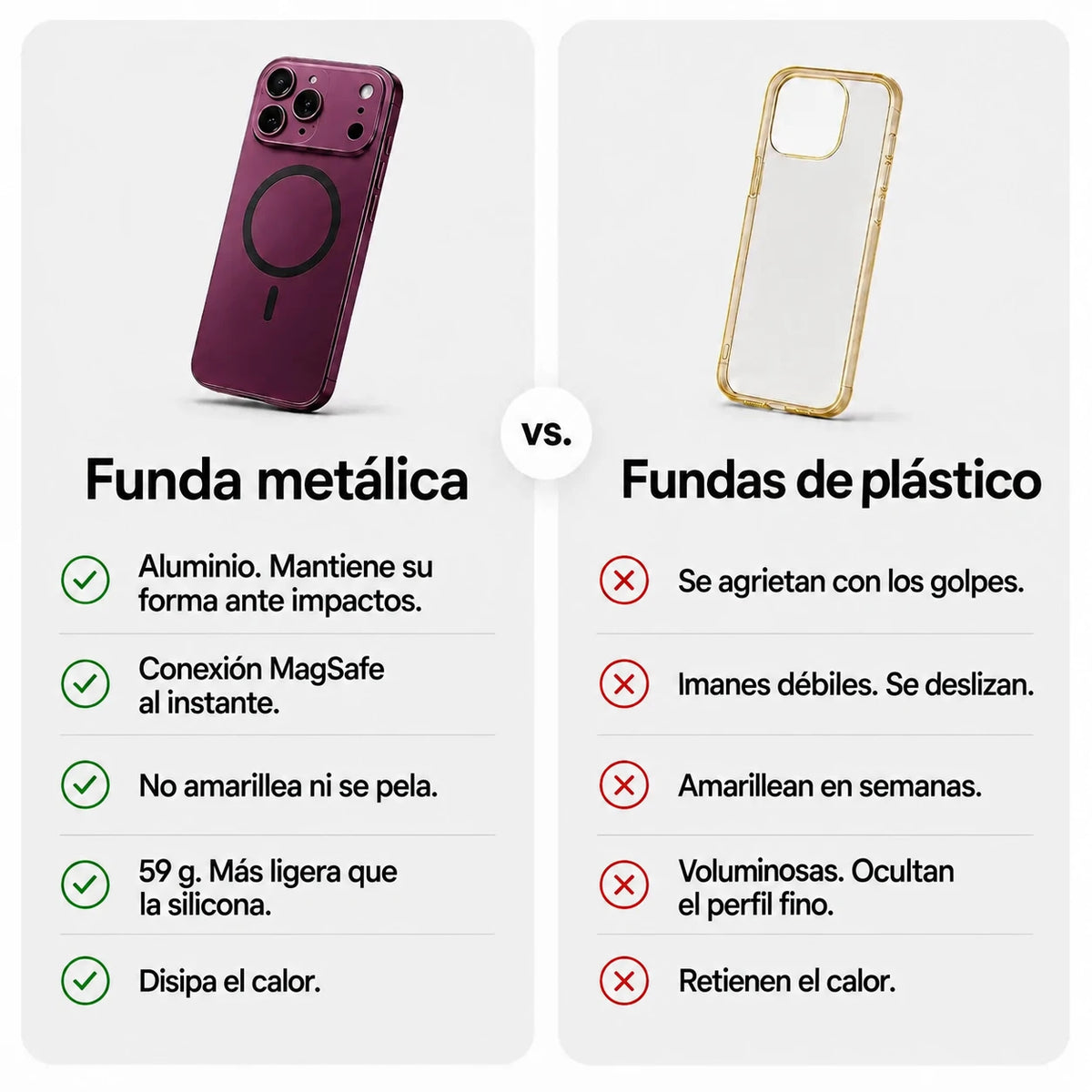 Burgundy metal magnetic phone case beside a plastic case in a feature comparison graphic #color_Burgundy