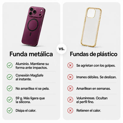 Burgundy metal magnetic phone case beside a plastic case in a feature comparison graphic #color_Burgundy