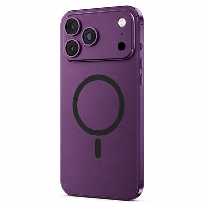 Burgundy metal magnetic phone case in an upright rear detail view on a white background #color_Burgundy