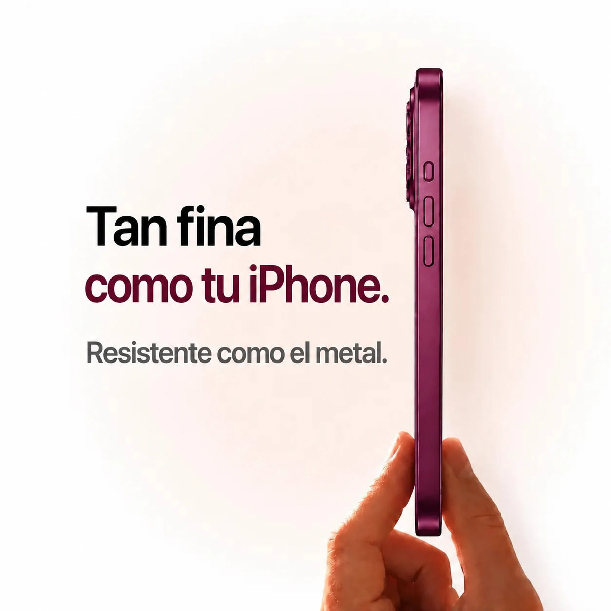 Burgundy metal phone case held edge-on to show its slim side profile #color_Burgundy