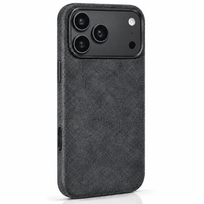 Dark gray fabric phone case in a slightly angled rear view, showing the side controls. #color_Charcoal Gray