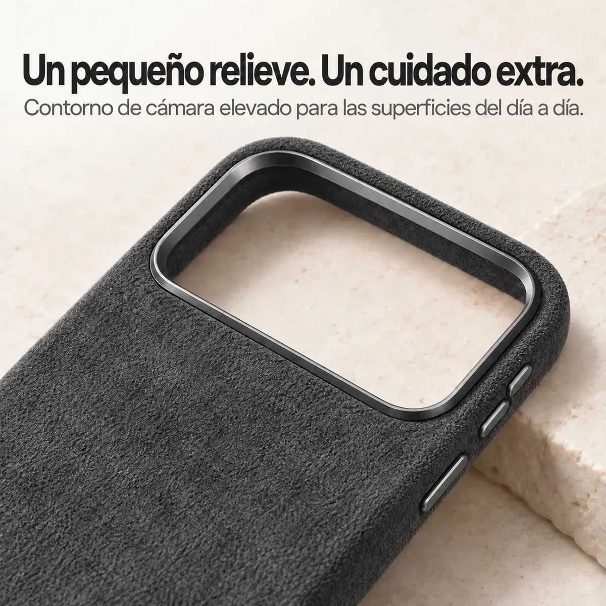 Dark gray fabric phone case with a close view of the raised camera surround. #color_Charcoal Gray