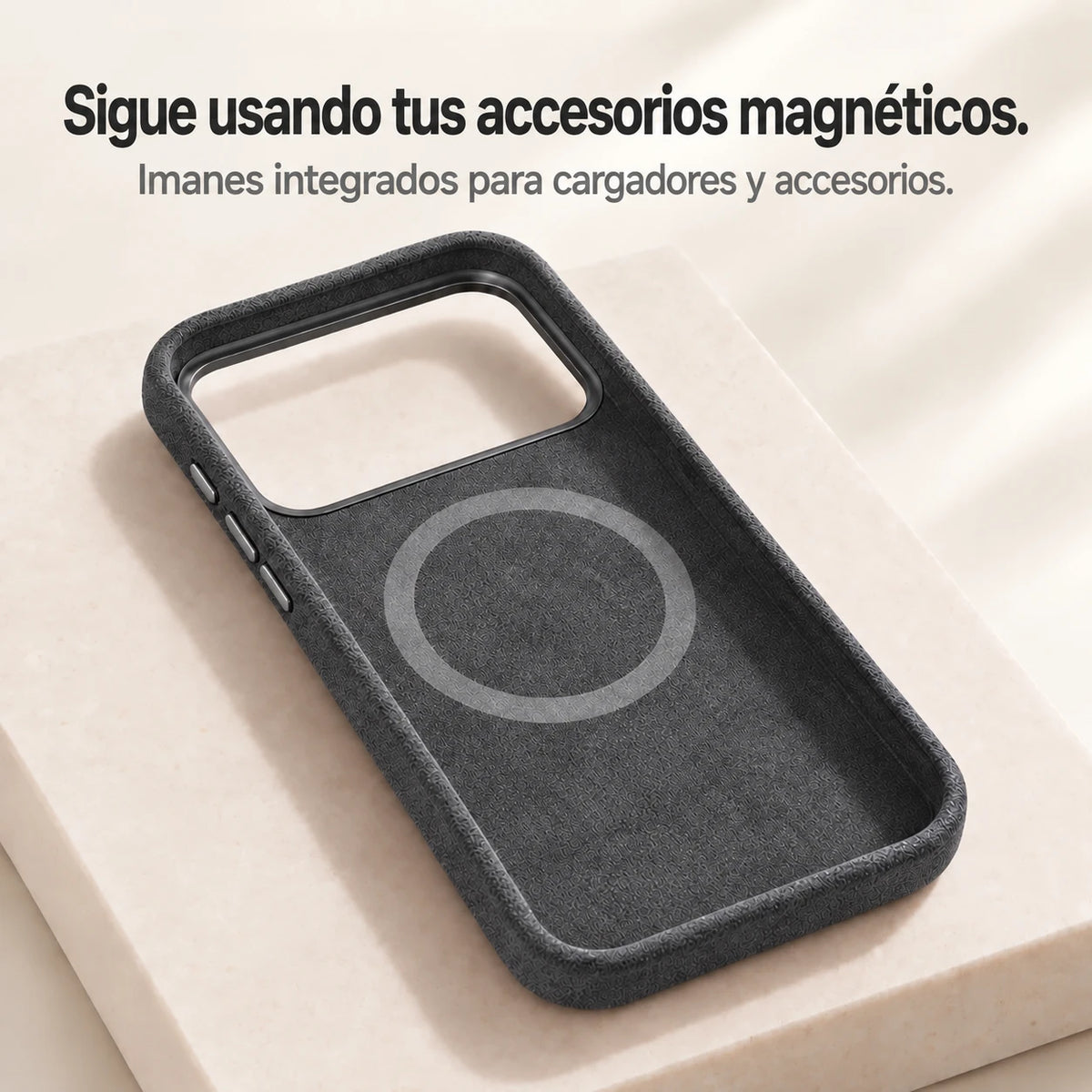 Dark gray fabric phone case interior showing the circular magnetic ring. #color_Charcoal Gray