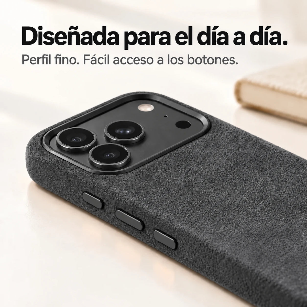 Dark gray fabric phone case with a close view of its slim side and controls. #color_Charcoal Gray