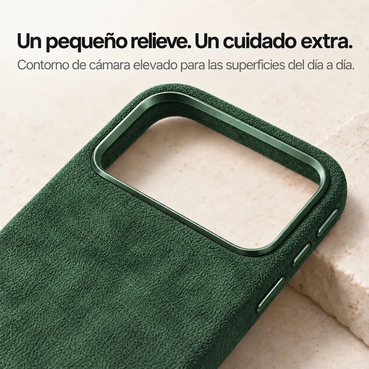 Dark green fabric phone case with a close view of the raised camera surround. #color_Forest Green