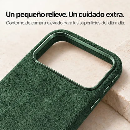 Dark green fabric phone case with a close view of the raised camera surround. #color_Forest Green