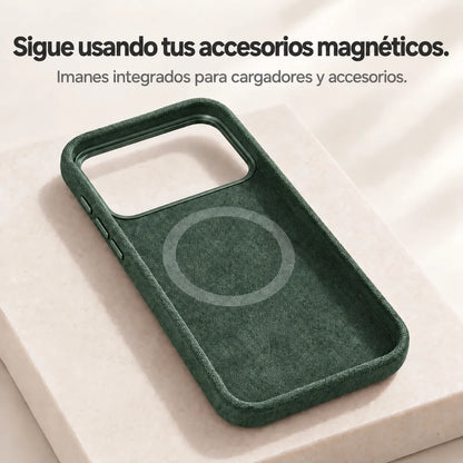 Dark green fabric phone case interior showing the circular magnetic ring. #color_Forest Green