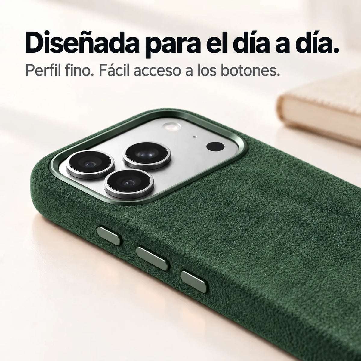Dark green fabric phone case with a close view of its slim side and controls. #color_Forest Green