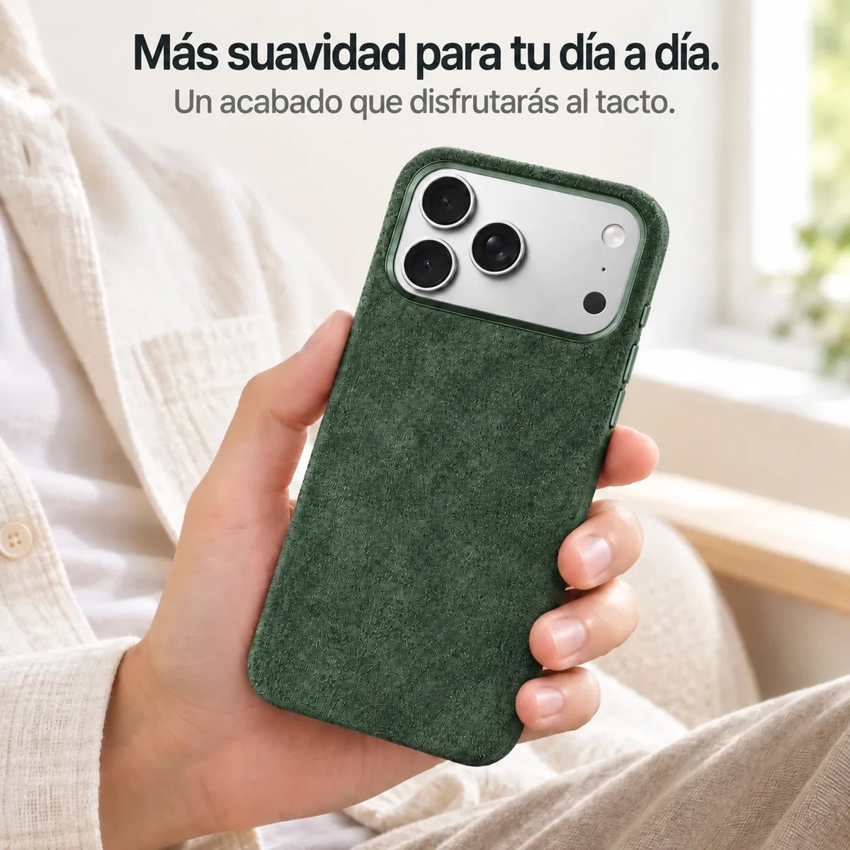 Dark green fabric phone case held in one hand, showing its textured back. #color_Forest Green