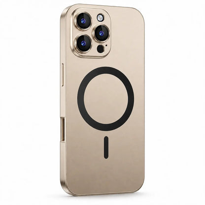 Desert gold metal magnetic phone case with three camera openings shown from the back on white #color_Desert Gold