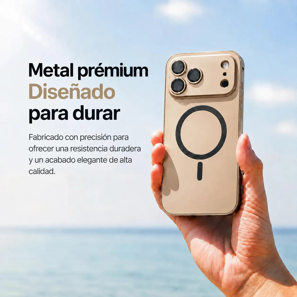Desert gold metal magnetic phone case held upright beside the sea with a material feature caption #color_Desert Gold