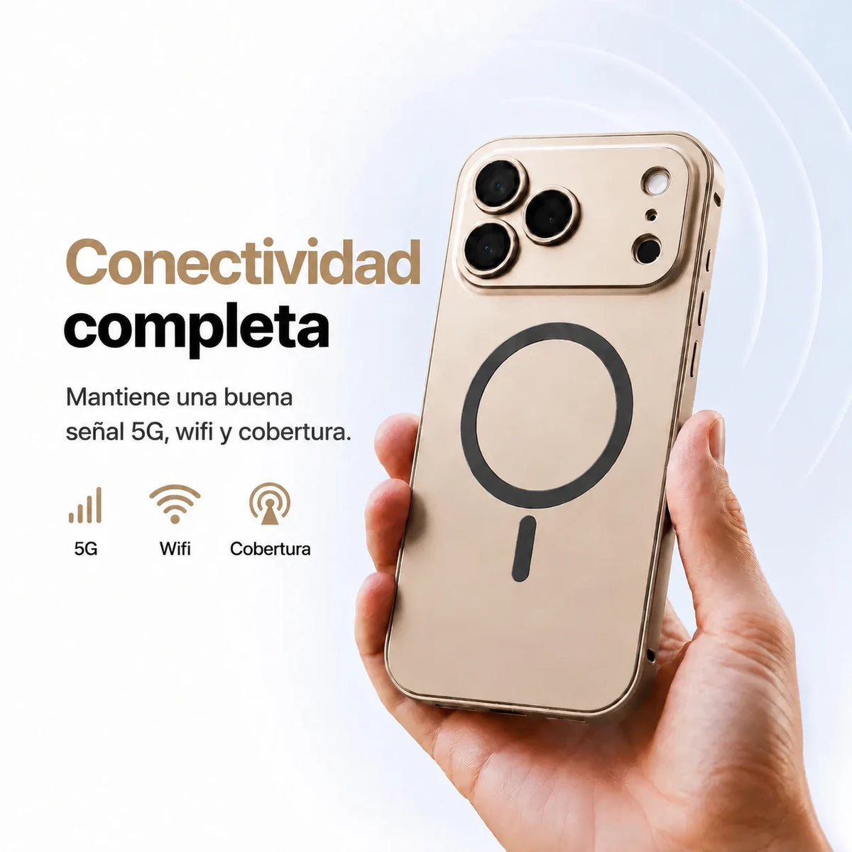 Desert gold metal magnetic phone case held upright with illustrated signal icons #color_Desert Gold