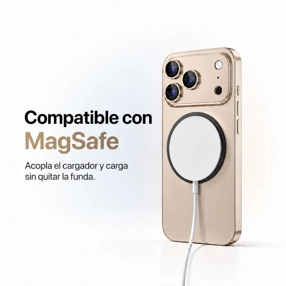 Desert gold metal phone case attached to a round white magnetic wireless charging puck #color_Desert Gold