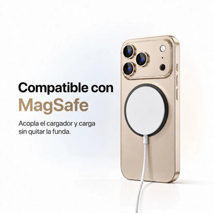 Desert gold metal phone case attached to a round white magnetic wireless charging puck #color_Desert Gold