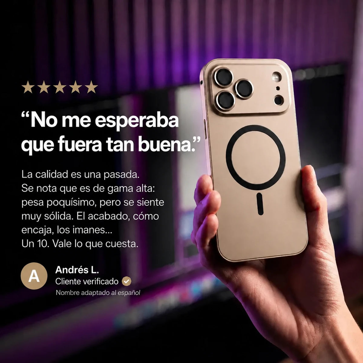 Desert gold metal magnetic phone case held beside a purple-lit desk with a customer review quote #color_Desert Gold