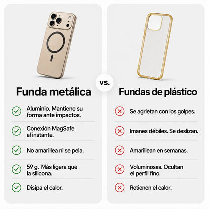 Desert gold metal magnetic phone case beside a plastic case in a feature comparison graphic #color_Desert Gold