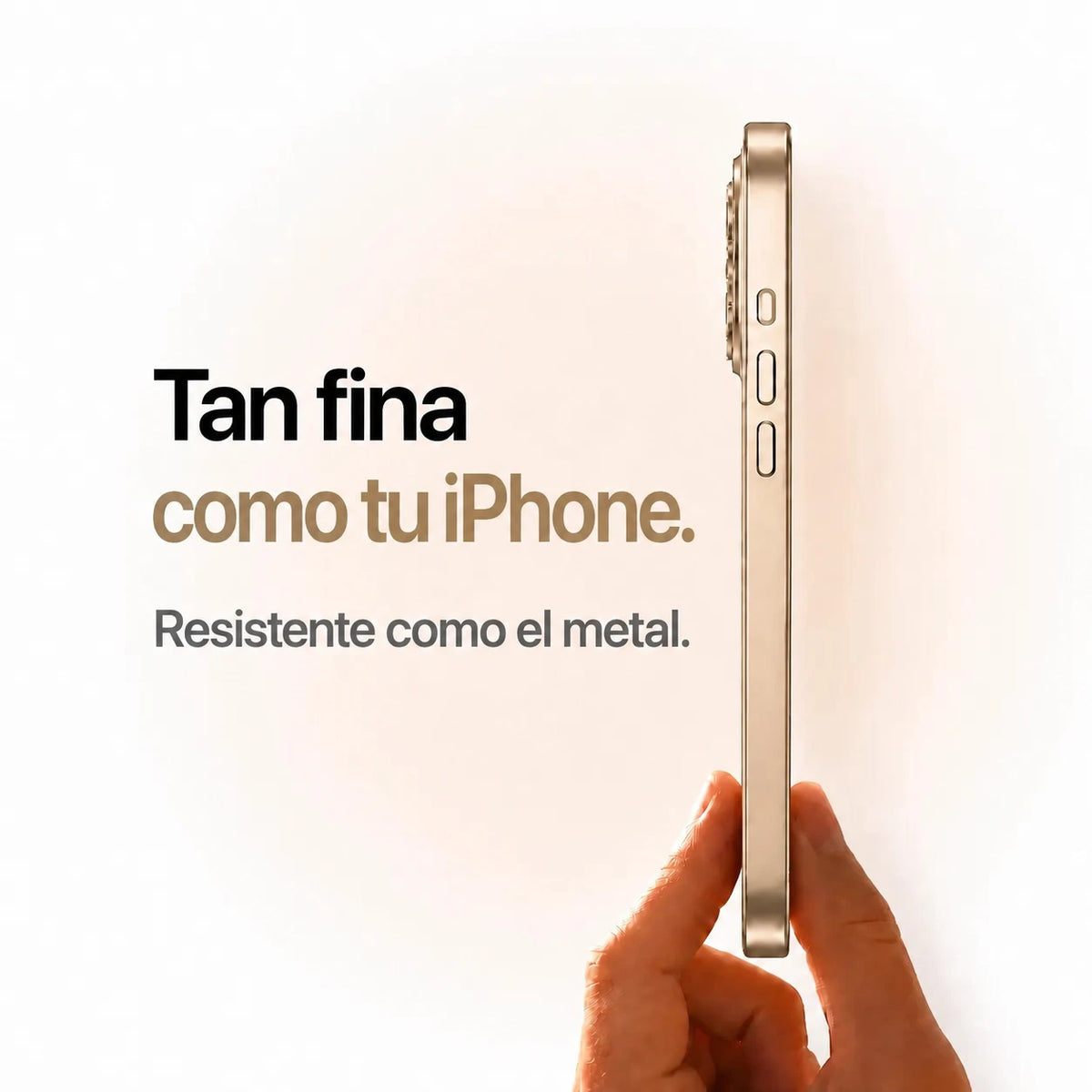 Desert gold metal phone case held edge-on to show its slim side profile #color_Desert Gold