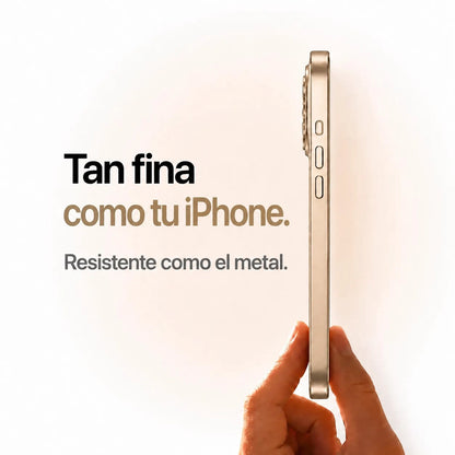 Desert gold metal phone case held edge-on to show its slim side profile #color_Desert Gold