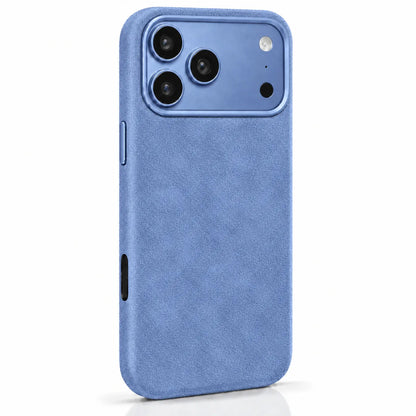 Light blue fabric phone case in a slightly angled rear view, showing the side controls. #color_Glacier