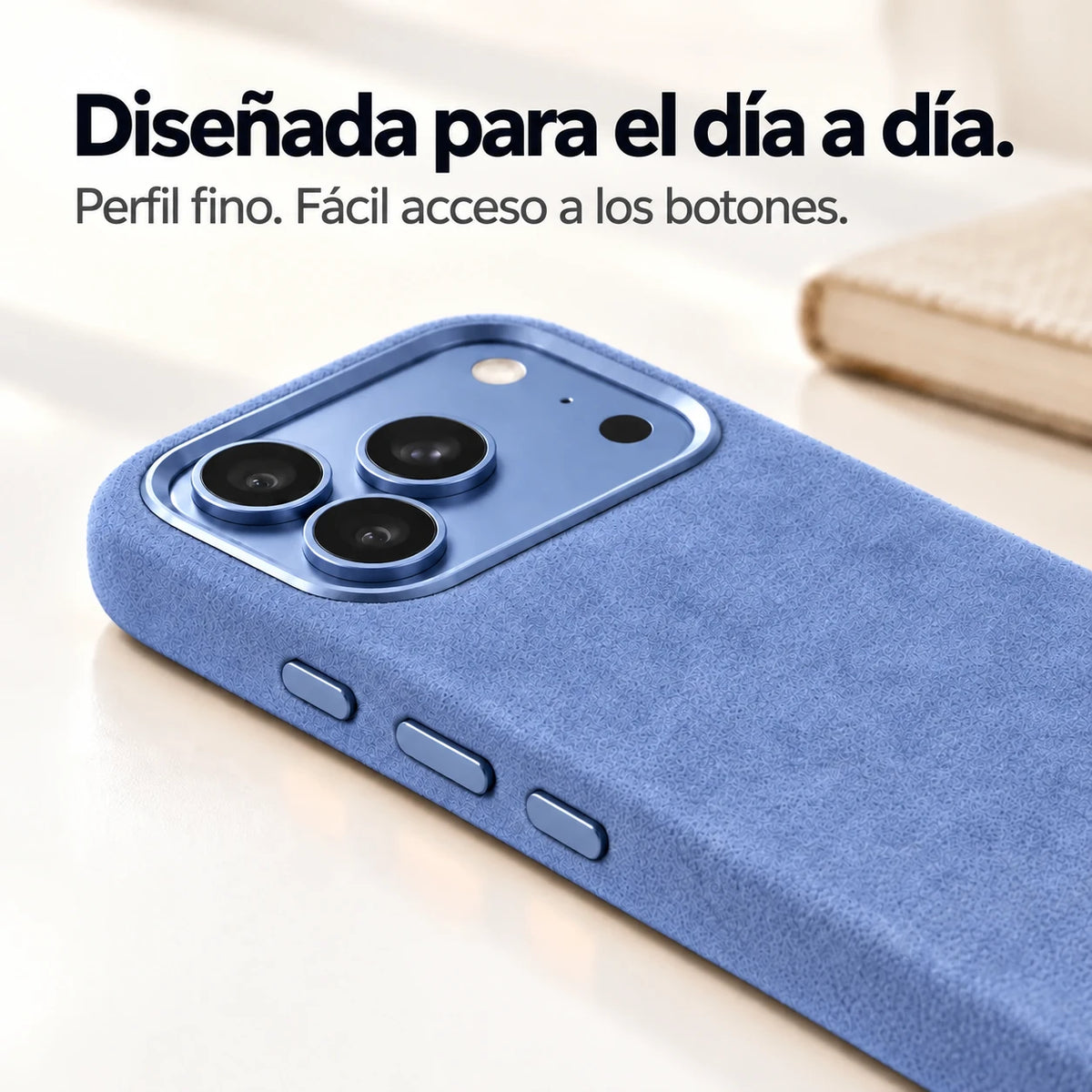 Light blue fabric phone case with a close view of its slim side and controls. #color_Glacier