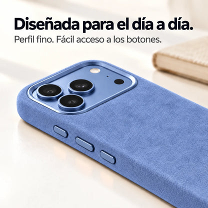 Light blue fabric phone case with a close view of its slim side and controls. #color_Glacier