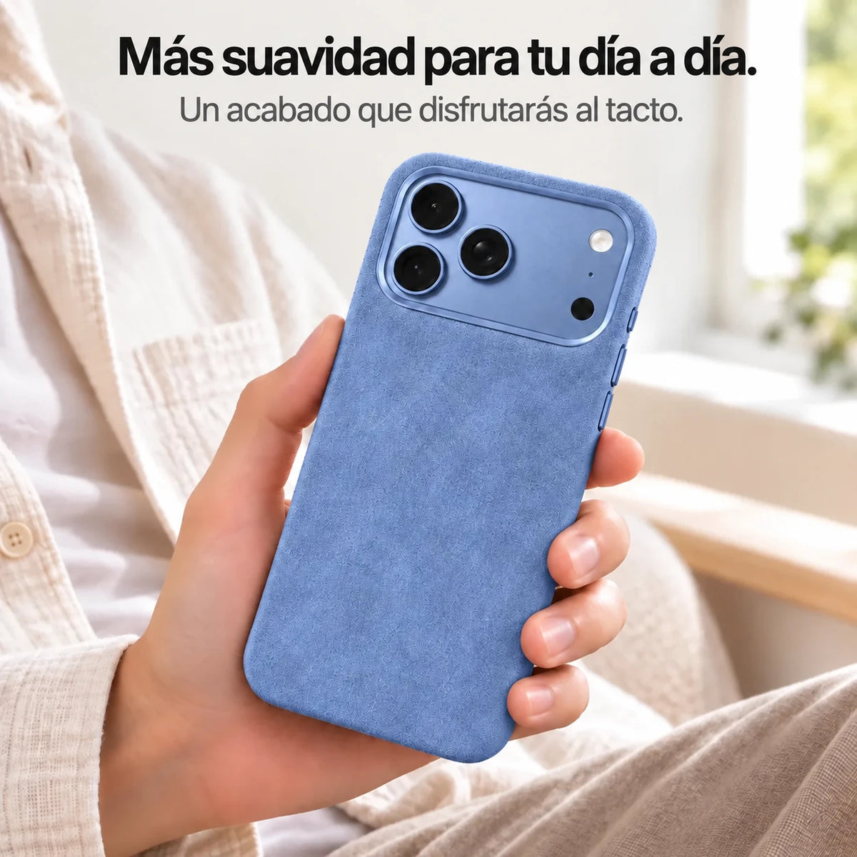 Light blue fabric phone case held in one hand, showing its textured back. #color_Glacier