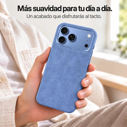 Light blue fabric phone case held in one hand, showing its textured back. #color_Glacier