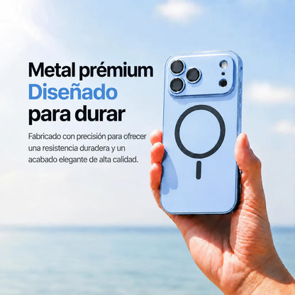 Glacier metal magnetic phone case held upright beside the sea with a material feature caption #color_Glacier