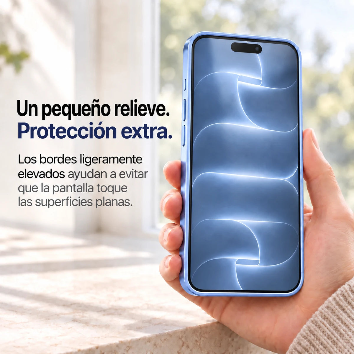Light blue metal phone case held with the front display and raised screen edges visible #color_Glacier