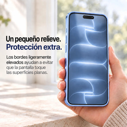 Light blue metal phone case held with the front display and raised screen edges visible #color_Glacier