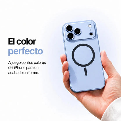 Glacier metal magnetic phone case held in one hand against a pale studio background #color_Glacier