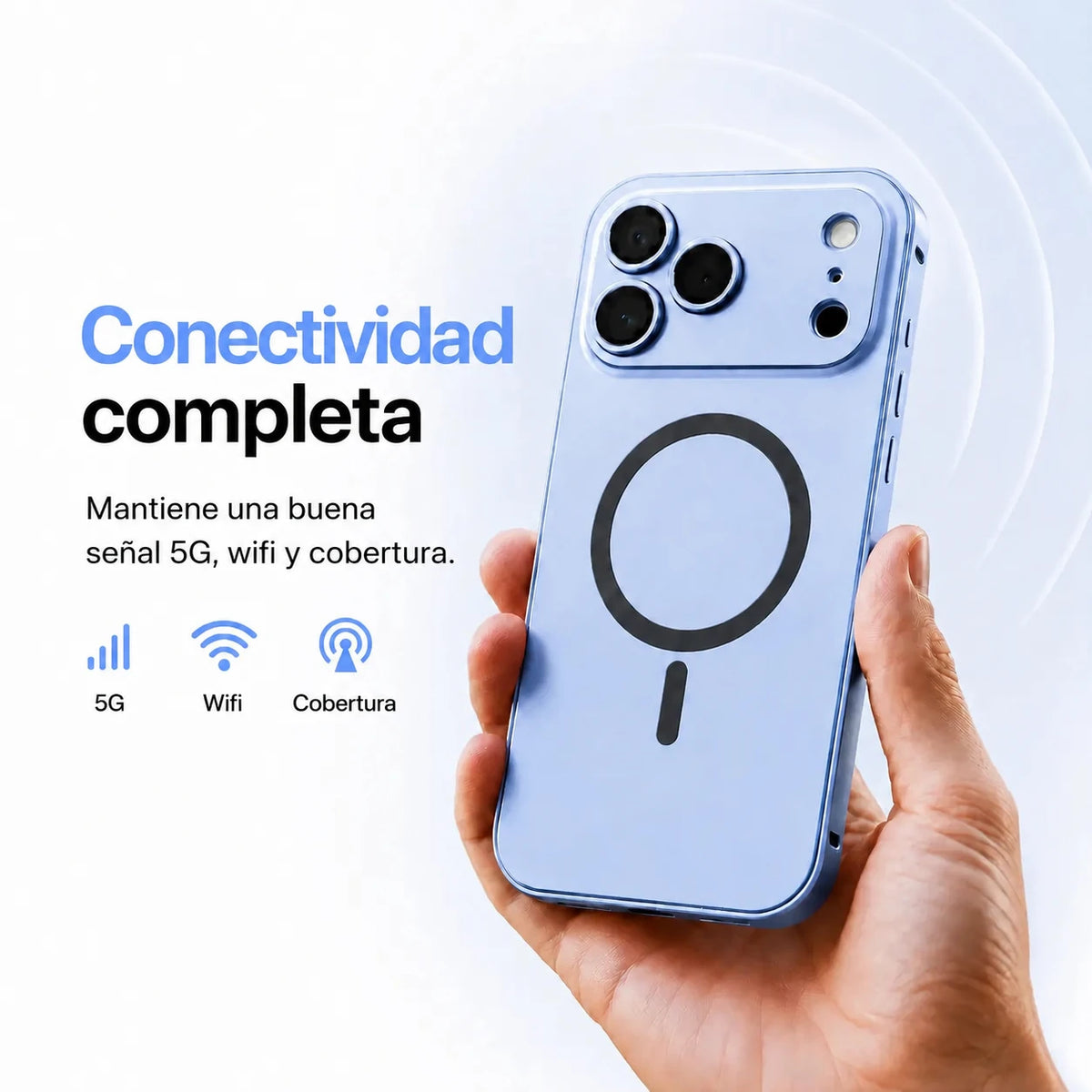 Glacier metal magnetic phone case held upright with illustrated signal icons #color_Glacier