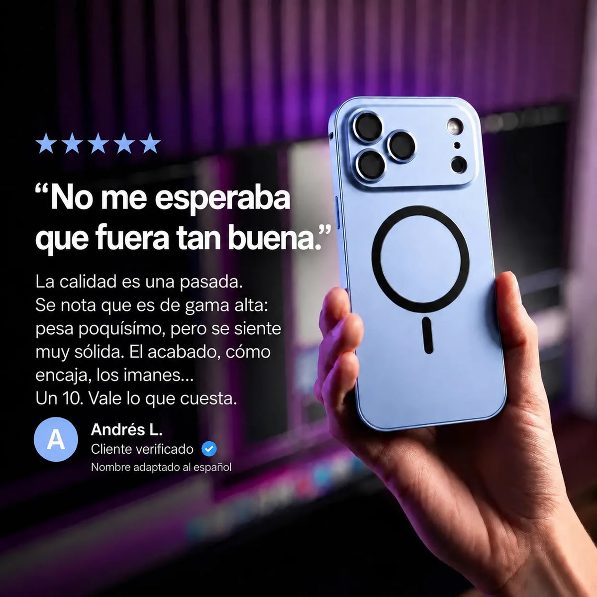 Glacier metal magnetic phone case held beside a purple-lit desk with a customer review quote #color_Glacier