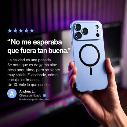 Glacier metal magnetic phone case held beside a purple-lit desk with a customer review quote #color_Glacier