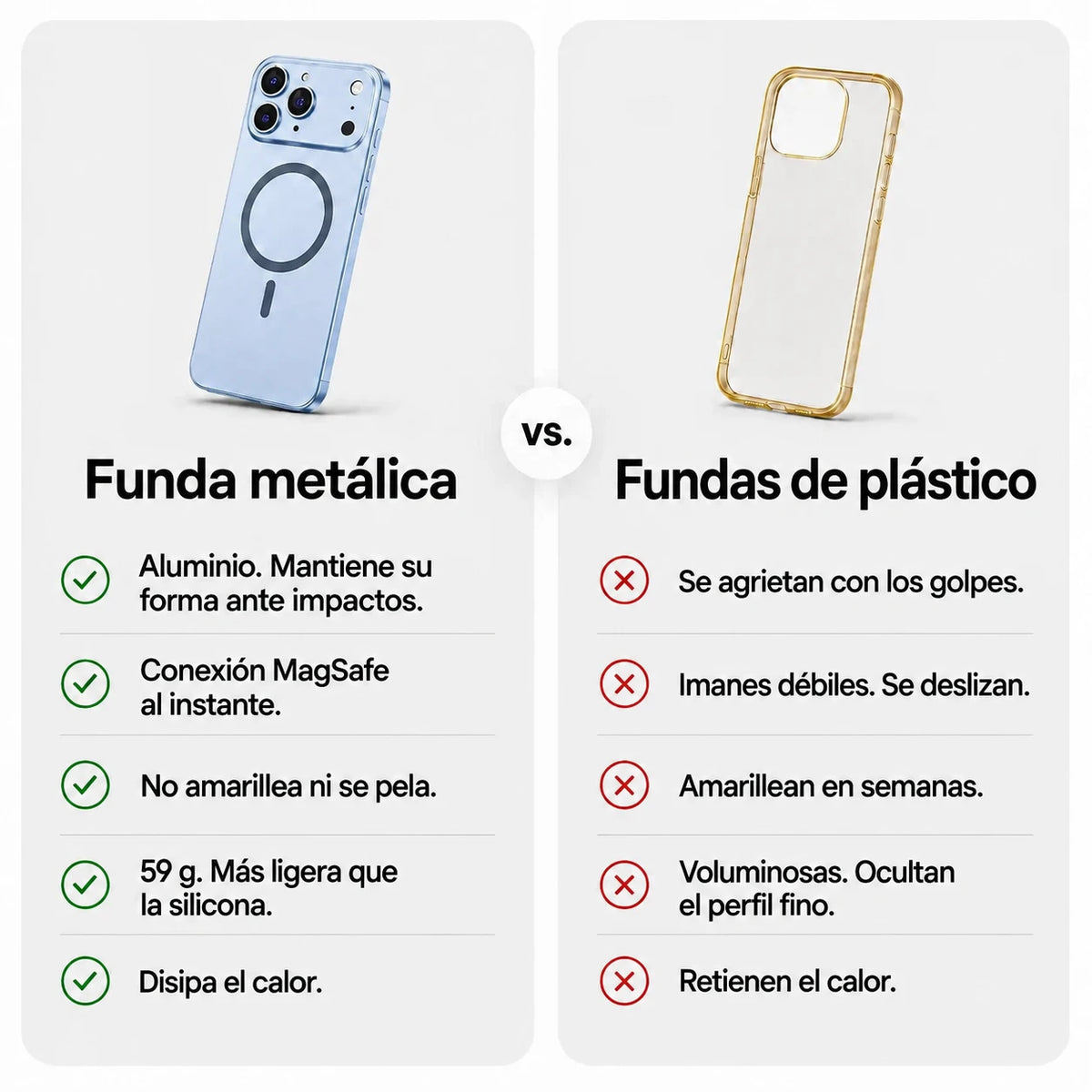Glacier metal magnetic phone case beside a plastic case in a feature comparison graphic #color_Glacier
