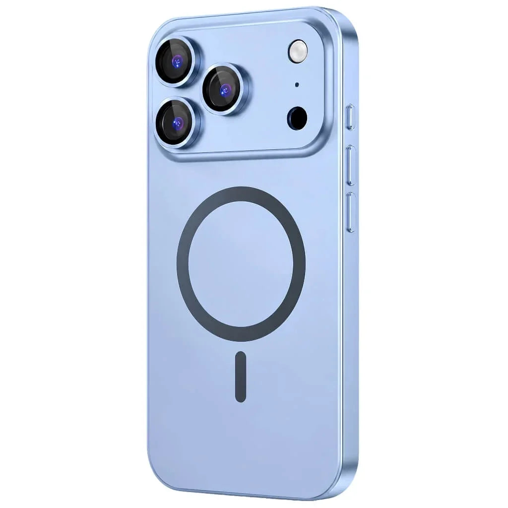 Glacier metal magnetic phone case in an upright rear detail view on a white background #color_Glacier