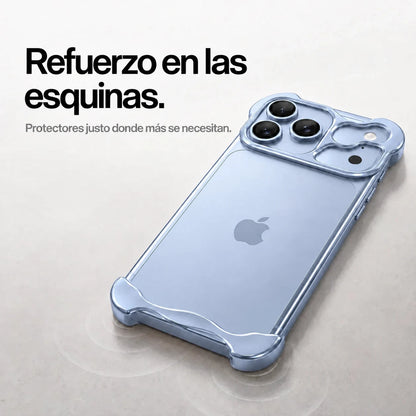 Glacier sculpted metal phone case on a desk showing its protective corner bumpers #color_Glacier