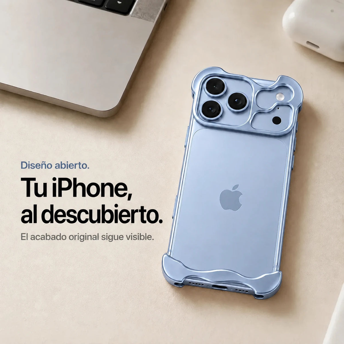 Glacier sculpted metal phone case on a desk showing the open back #color_Glacier
