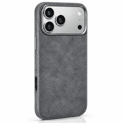 Light gray fabric phone case in a slightly angled rear view, showing the side controls. #color_Mist Gray
