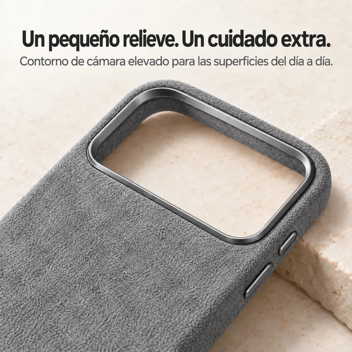Light gray fabric phone case with a close view of the raised camera surround. #color_Mist Gray