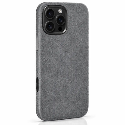 Light gray fabric phone case with a compact square camera opening and dark gunmetal rim. #color_Mist Gray