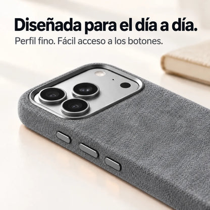 Light gray fabric phone case with a close view of its slim side and controls. #color_Mist Gray