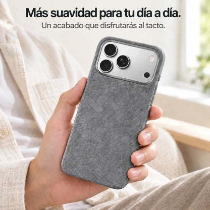 Light gray fabric phone case held in one hand, showing its textured back. #color_Mist Gray
