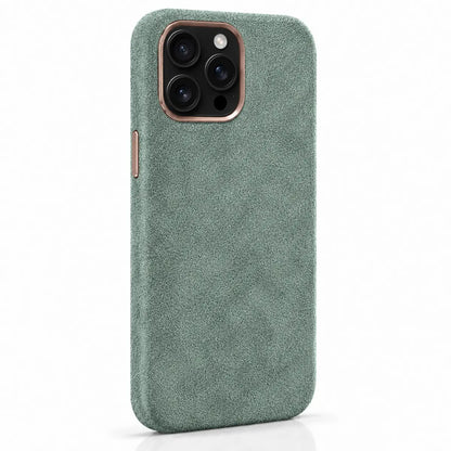 Light green fabric phone case in a slightly angled rear view, showing the side controls. #color_Sage Green