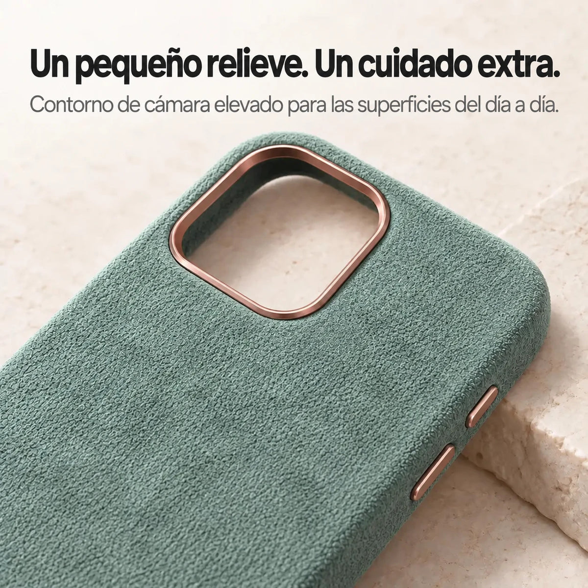 Light green fabric phone case with a close view of the raised camera surround. #color_Sage Green