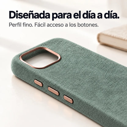 Light green fabric phone case with a close view of its slim side and controls. #color_Sage Green